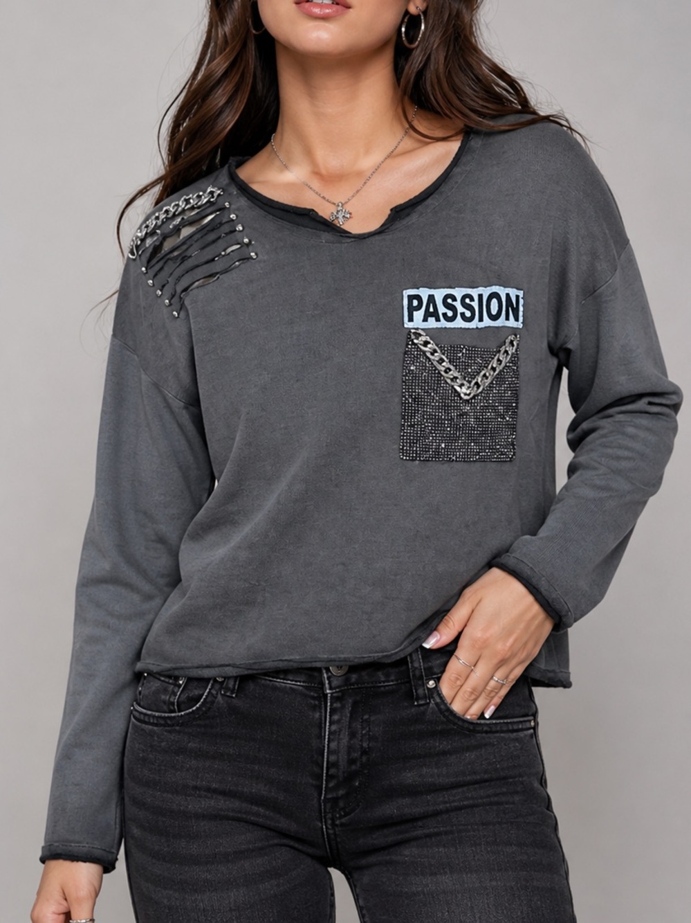 Cute bling fashion sweater with rhinestones and chain